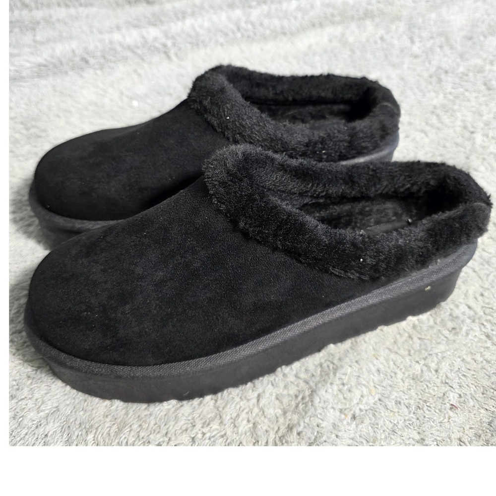 EXTREME Eddie Marc Black Suede Faux Fur Lined Clogs Mules Slippers Women 9 NEW